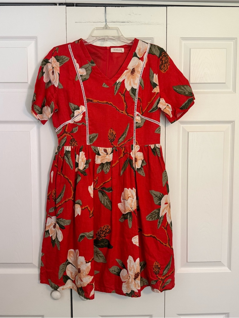 Red Floral V-Neck Linen Dress with Magnolia Flowers and Decorative Details